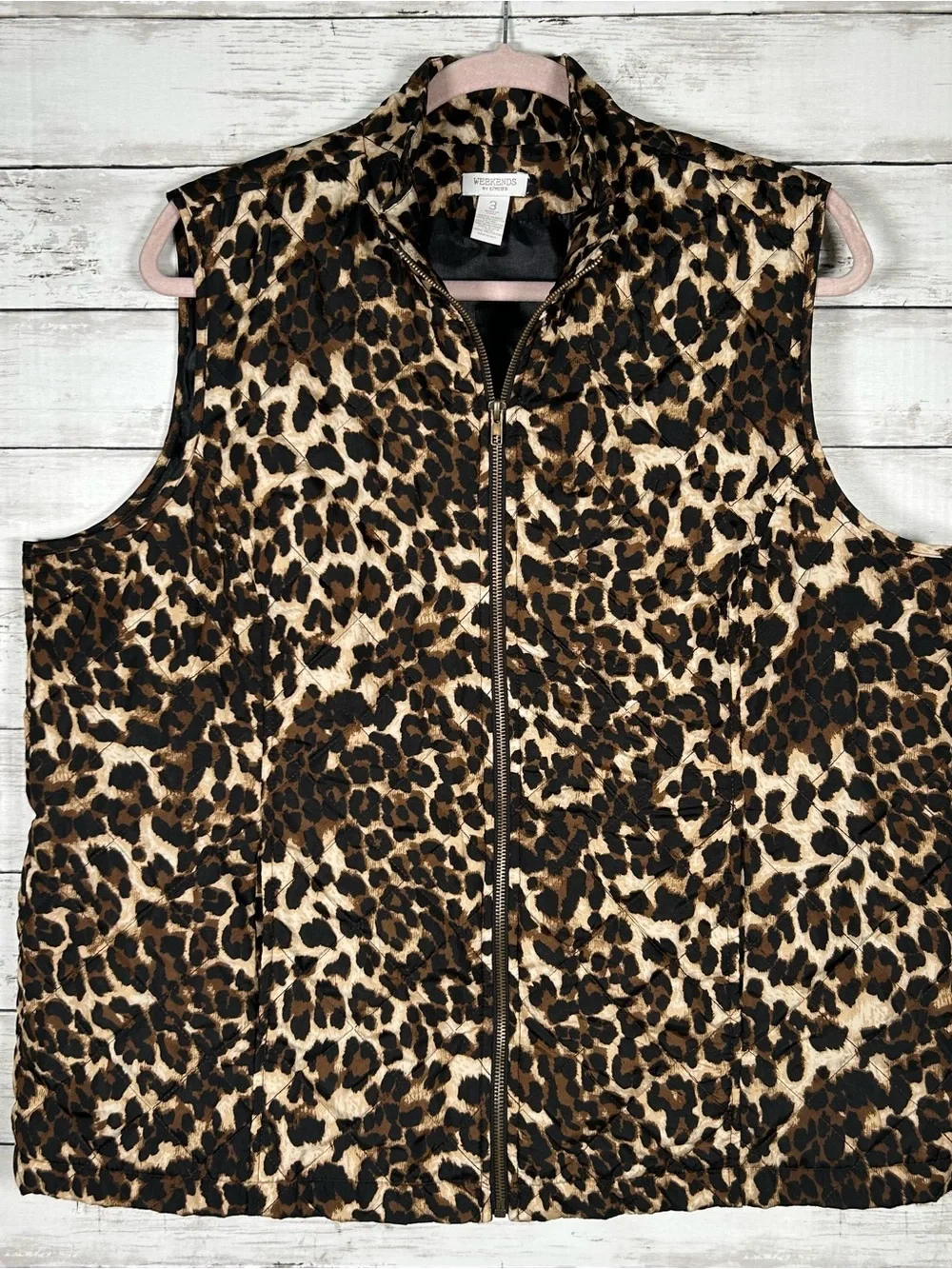 Chico’s Weekends Leopard Quilted Lightweight Zip Vest Animal Print Size 3 XL